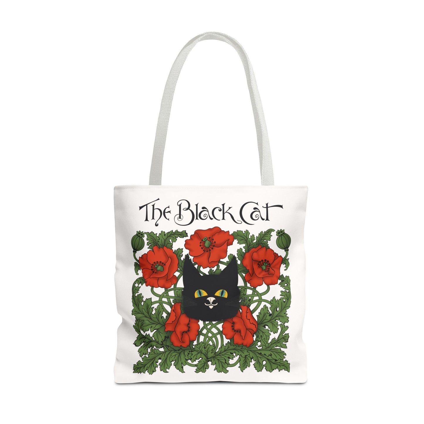 The Black Cat Poppies Tote Bag — Vintage Floral Cat Art Tote
