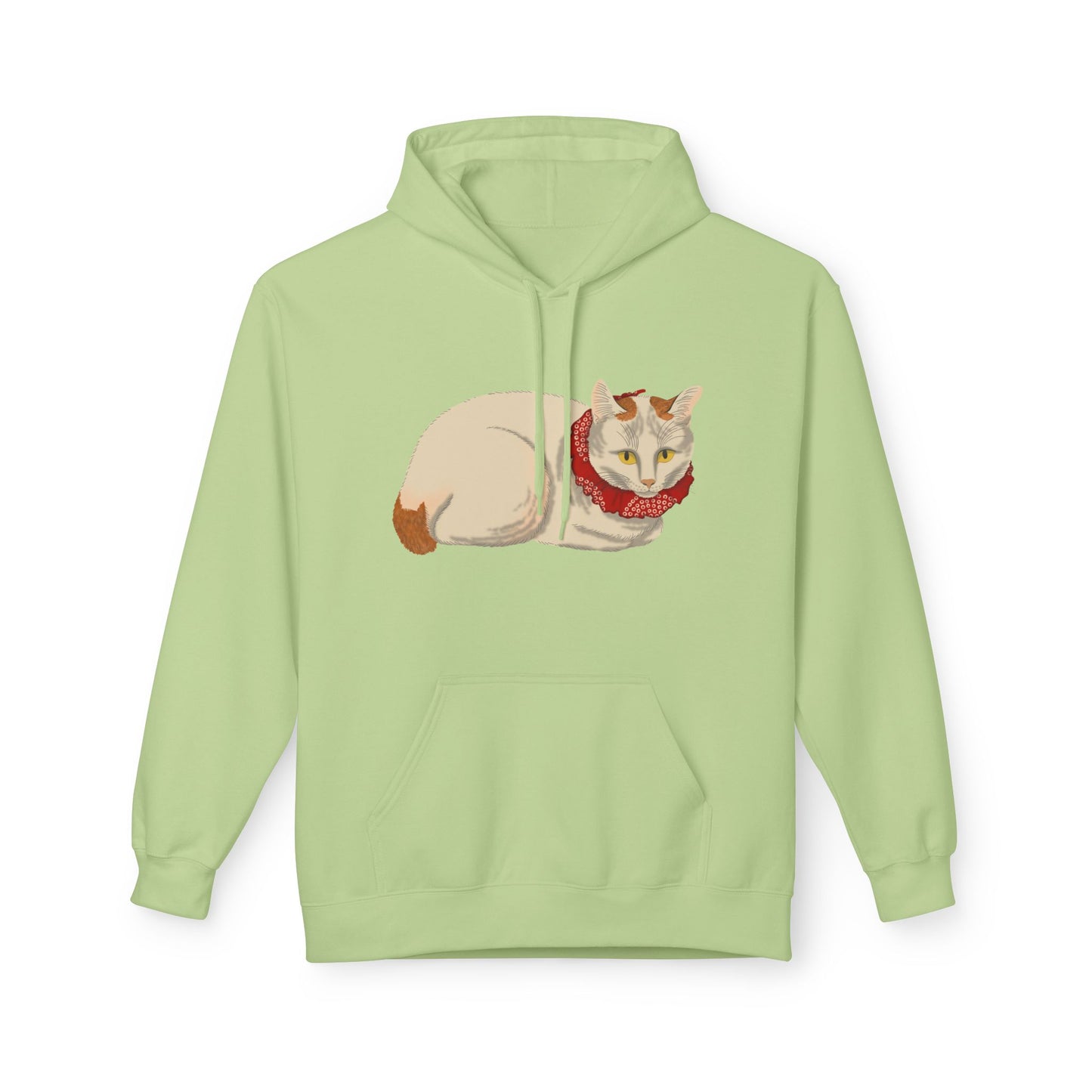 Cozy Red-Scarf Cat Hoodie — Cute Cream Cat Graphic Pullover
