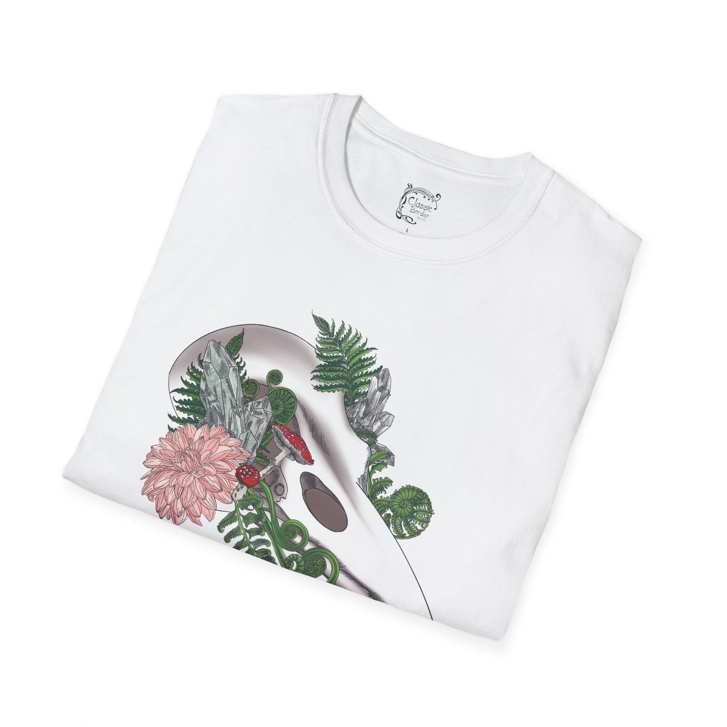 Bohemian Skull Floral T-Shirt, Unisex Softstyle Tee, Casual Wear, Nature Lover Gift, Unique Graphic Tee, Eco-Friendly Shirt