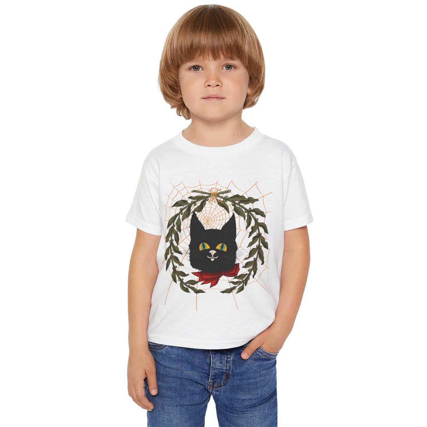 Toddler T‑Shirt — Black Cat Wreath with Web Tee (Cute Halloween)