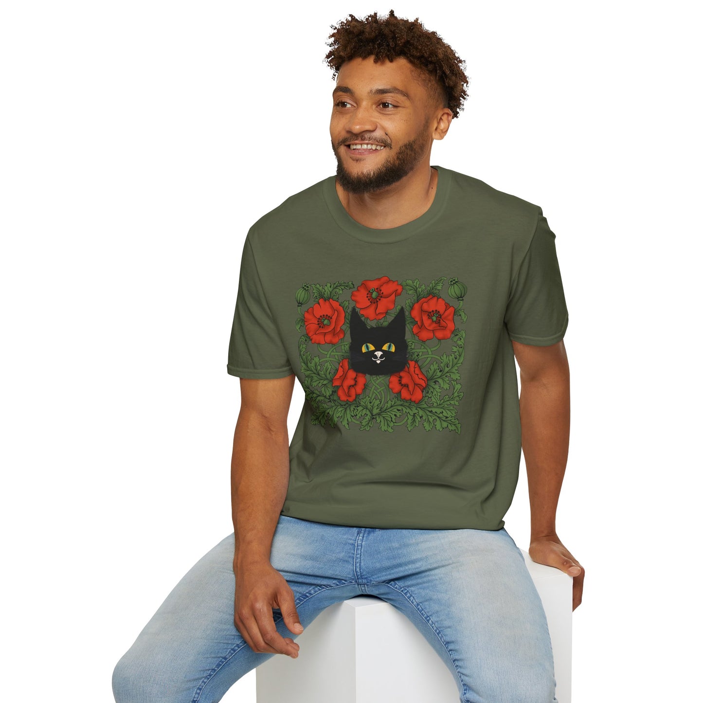 Black Cat & Red Poppies T-Shirt