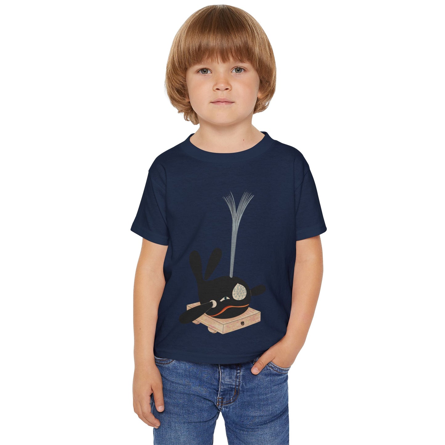 Vintage Japanese Toy Whale Kids T-Shirt — "Kujira no Shoufuki" Whale on Crate Toddler Tee