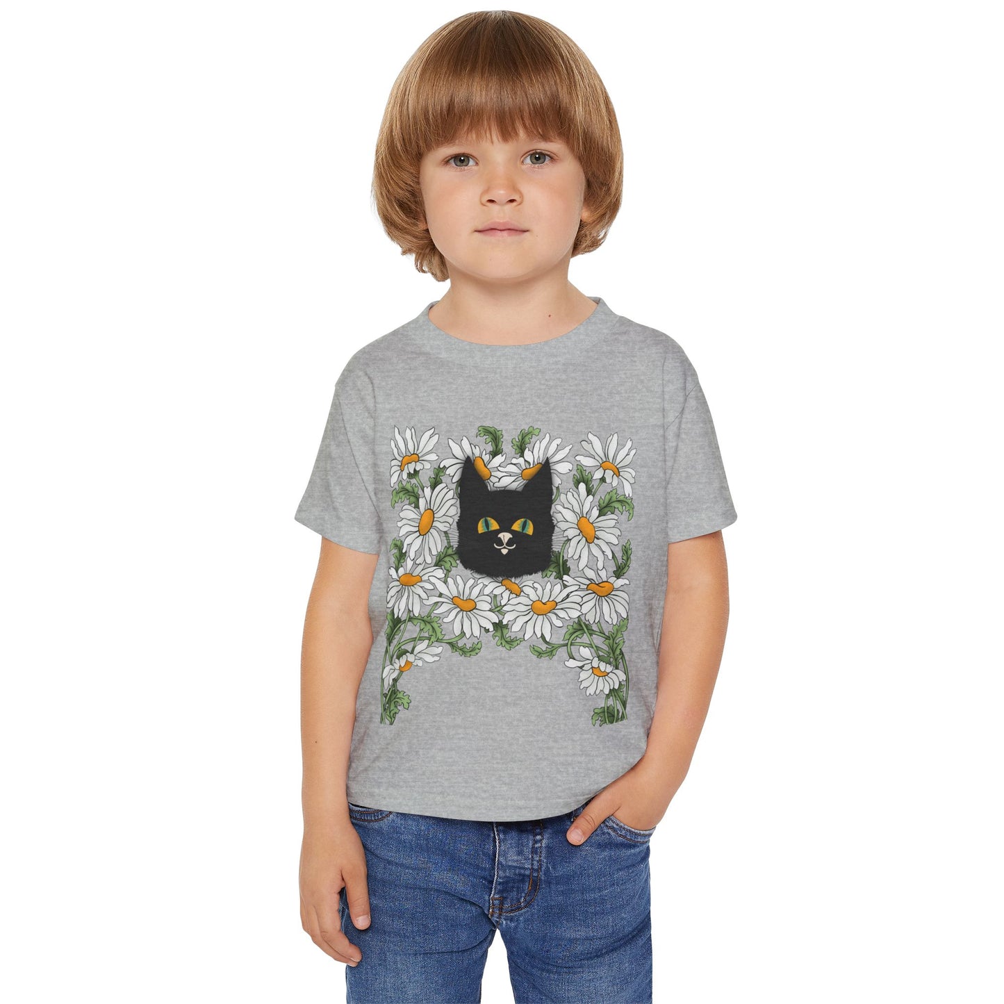 Toddler T-Shirt — Black Cat in Daisies | Cute Floral Kitty Tee for Kids