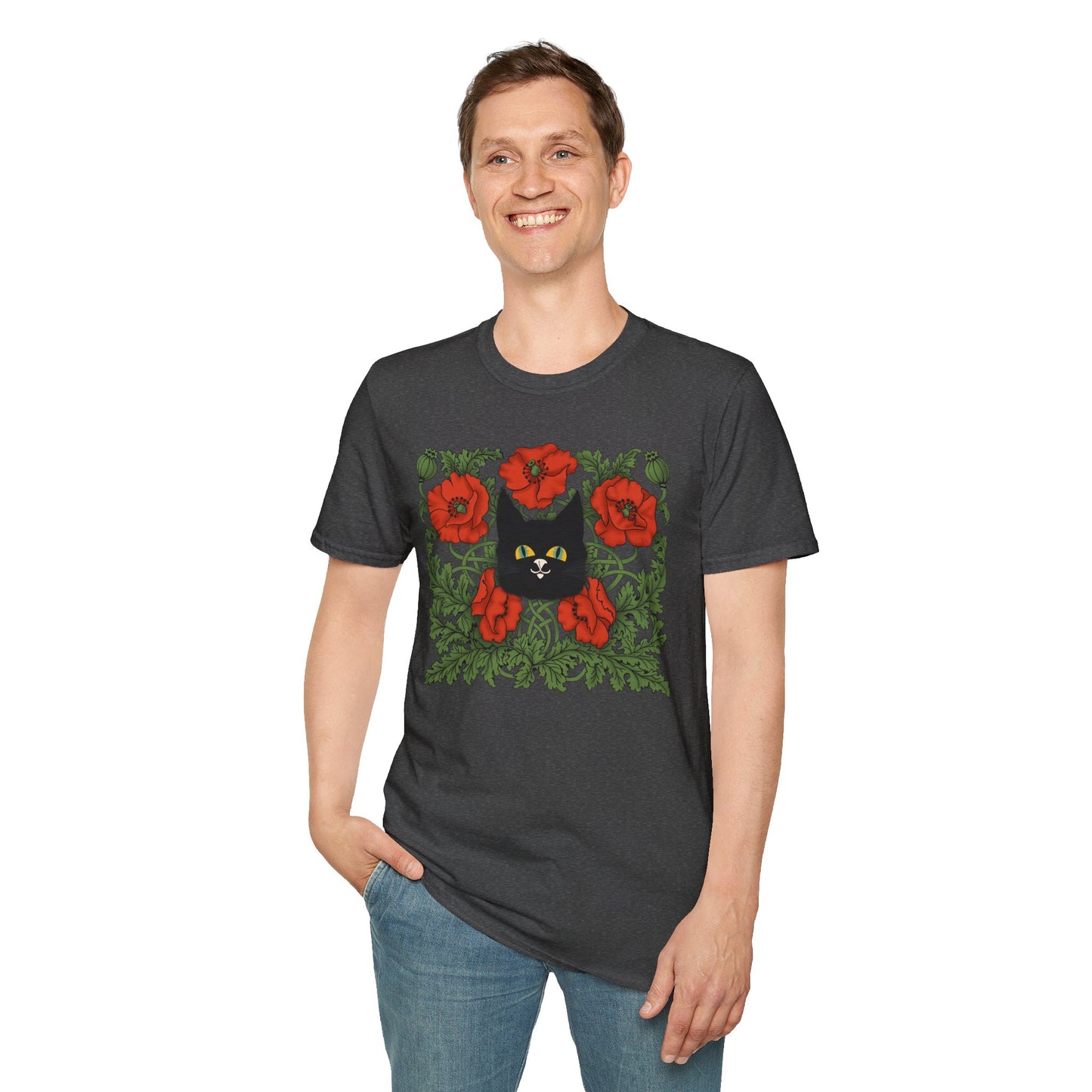 Black Cat & Red Poppies T-Shirt
