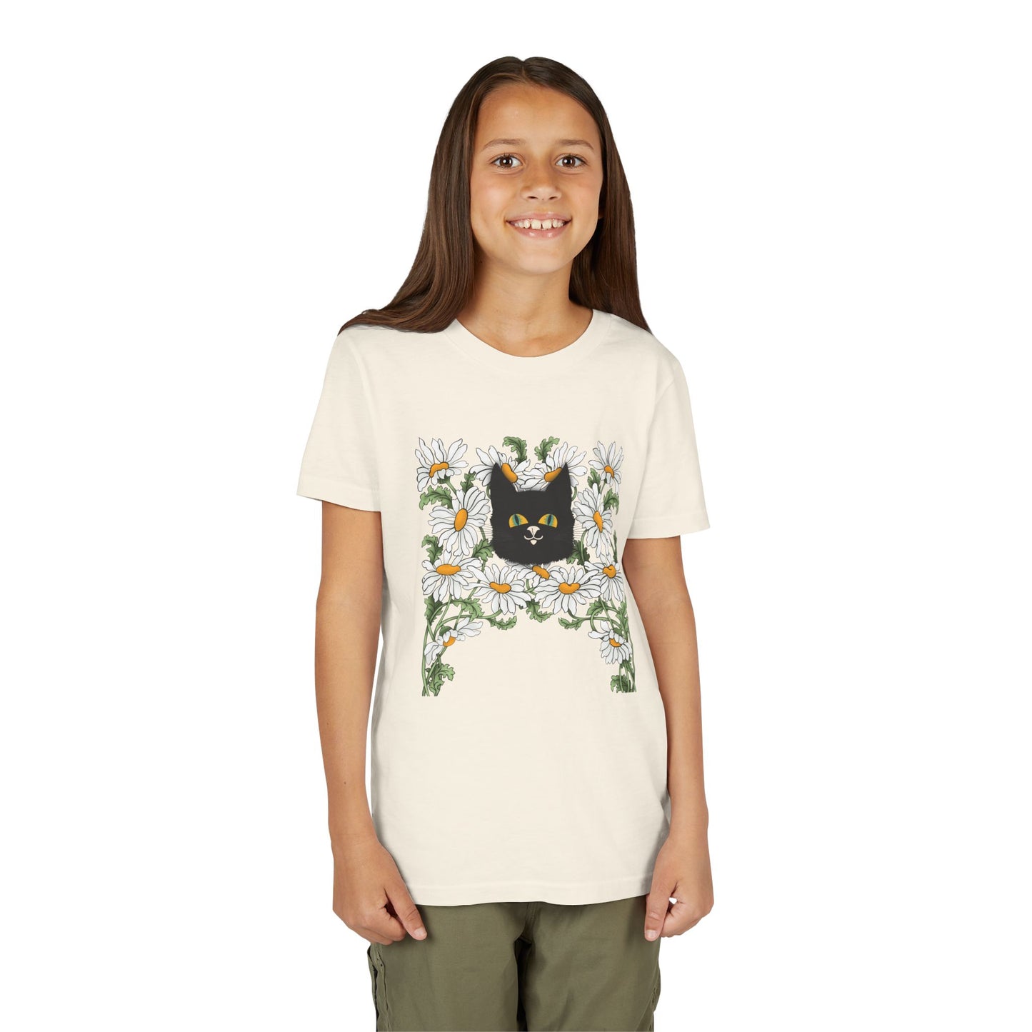 Daisies floral Youth Tee — Black Cat in Daisy Wreath Graphic