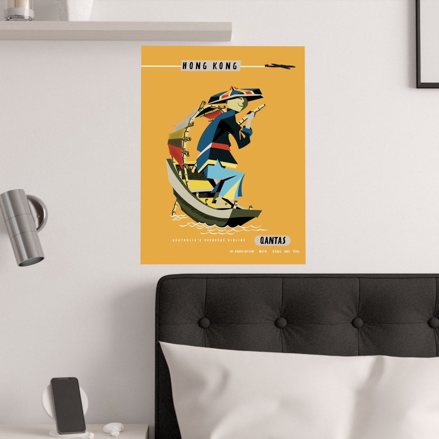 Vintage Qantas Airline Hong Kong Travel Destination Satin Poster