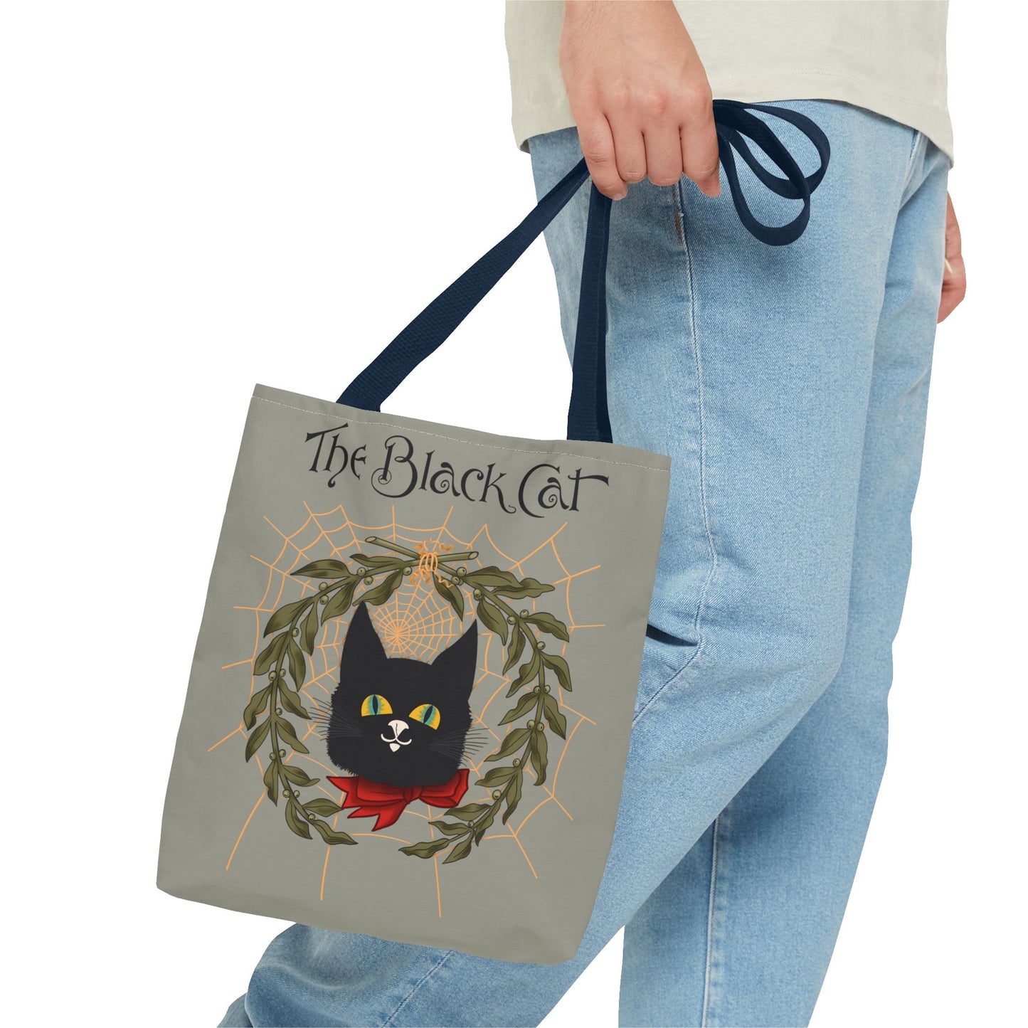 The Black Cat Web Tote Bag — Vintage Witchy Cat Holiday Grocery Tote