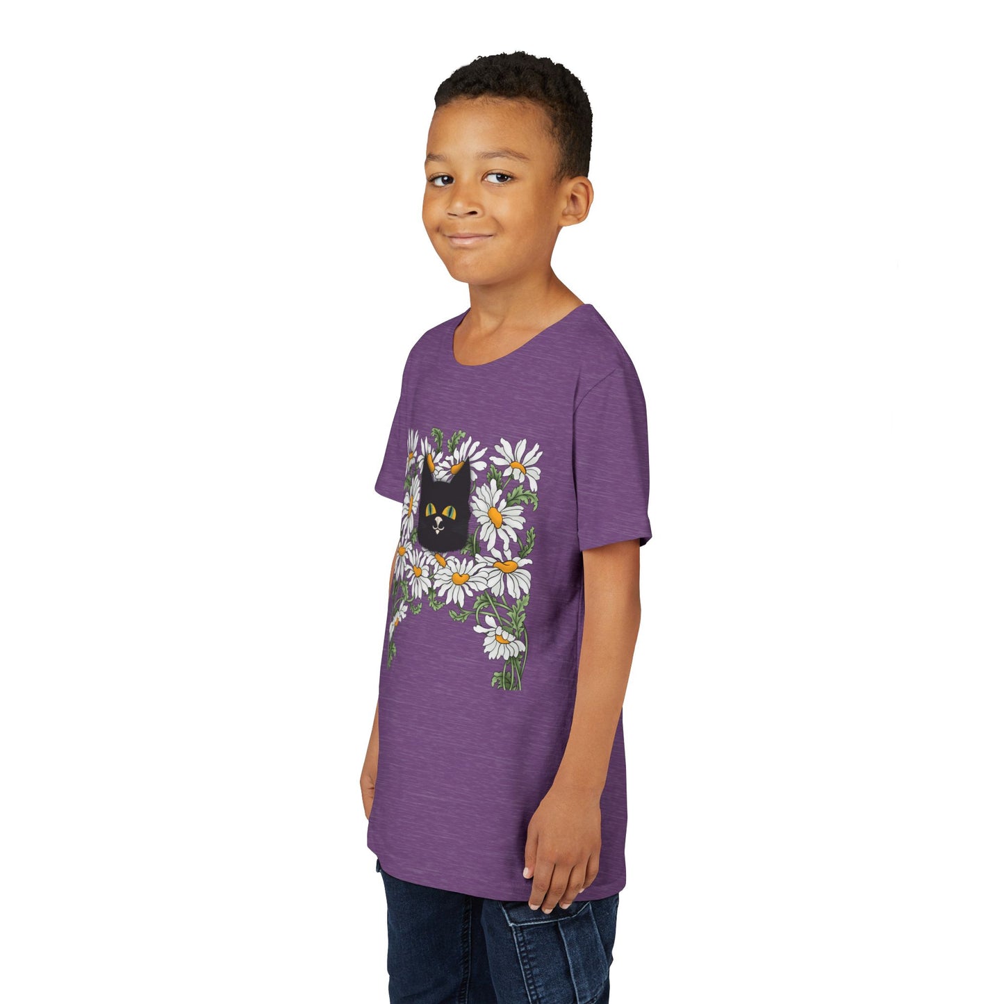 Daisies floral Youth Tee — Black Cat in Daisy Wreath Graphic