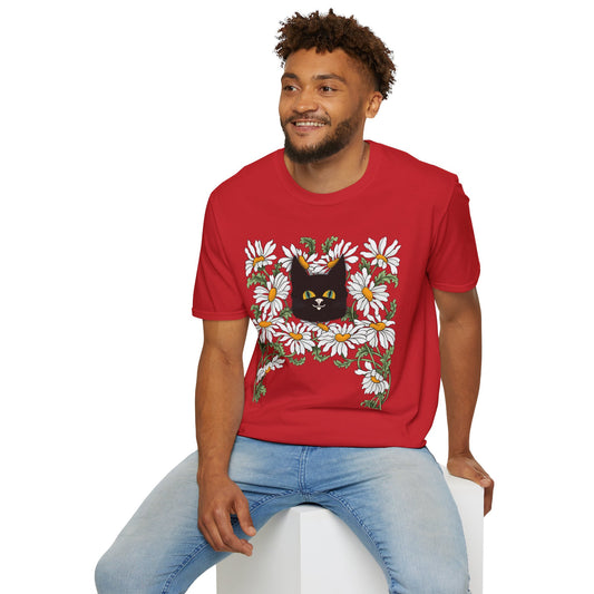Black Cat & Daisies T‑Shirt — Cute Floral Cat Tee for Cat Lovers
