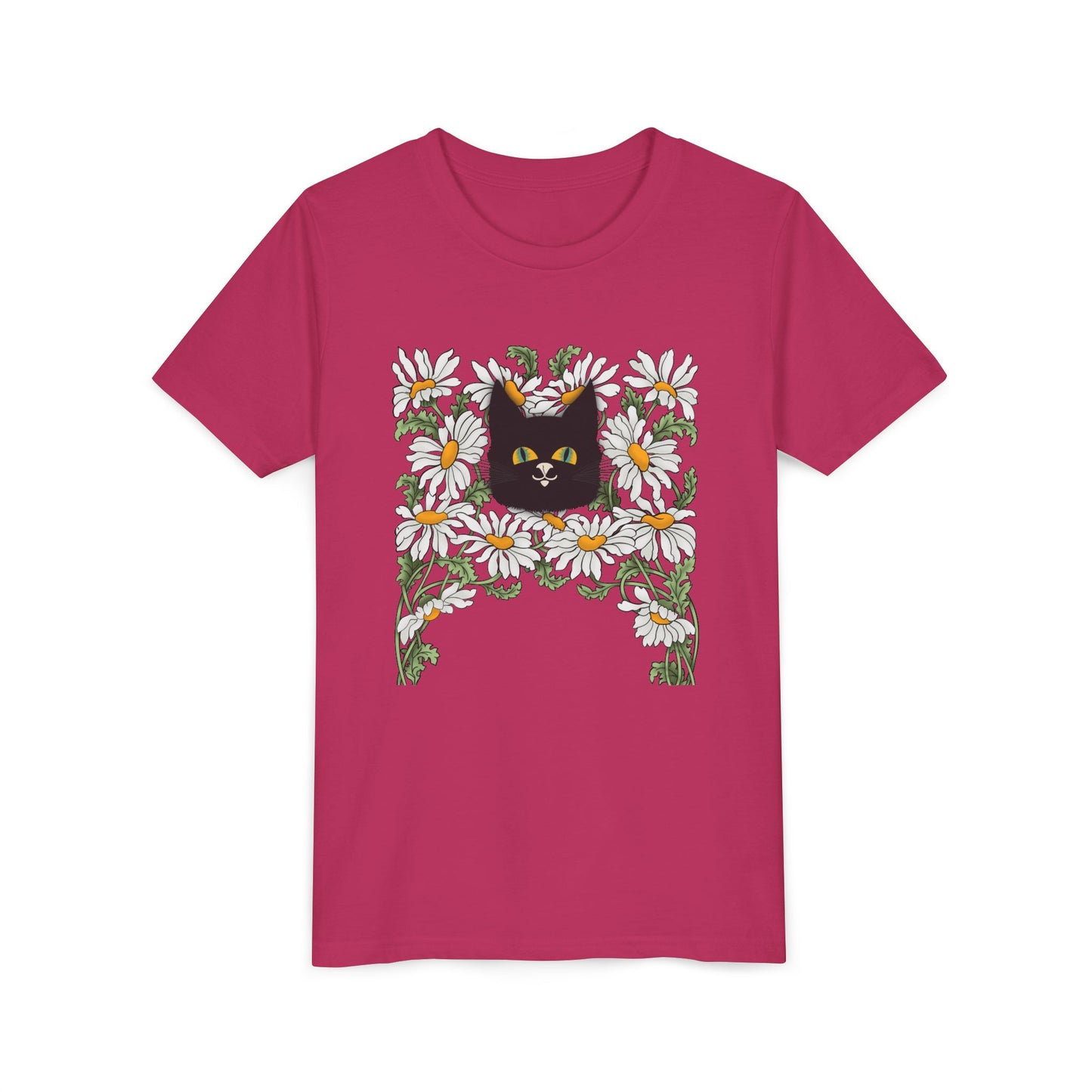 Daisies floral Youth Tee — Black Cat in Daisy Wreath Graphic