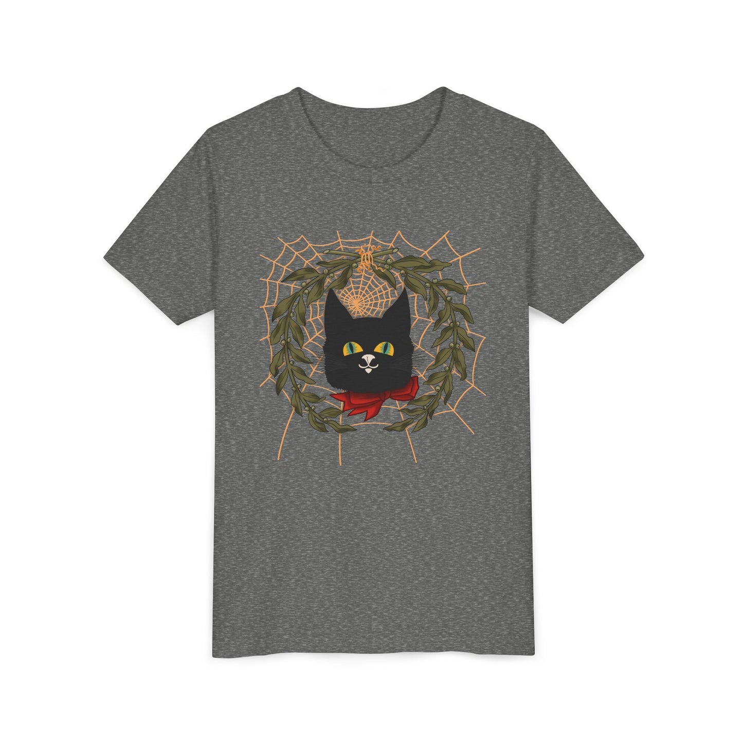Youth Tee — Black Cat Wreath Holiday Shirt