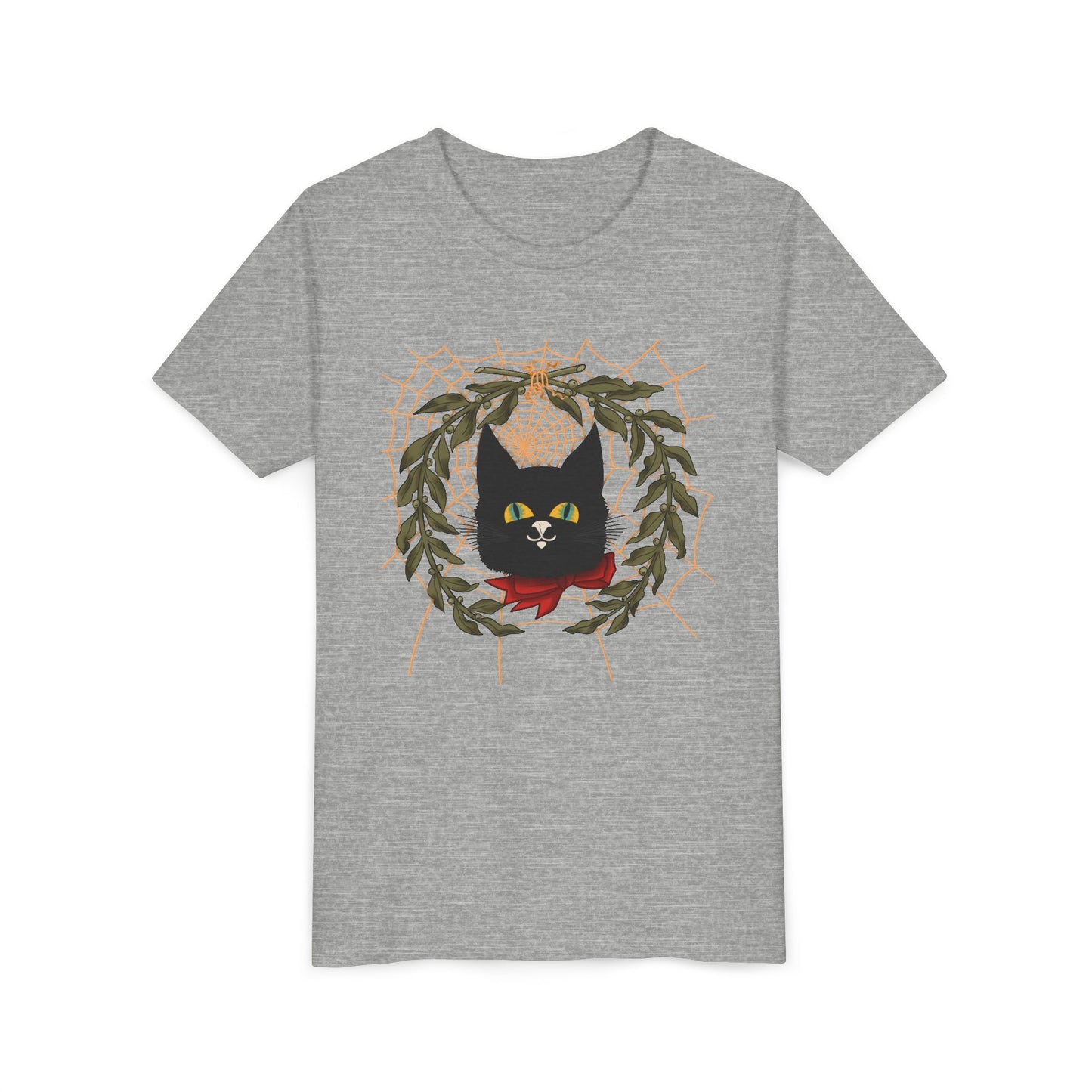 Youth Tee — Black Cat Wreath Holiday Shirt