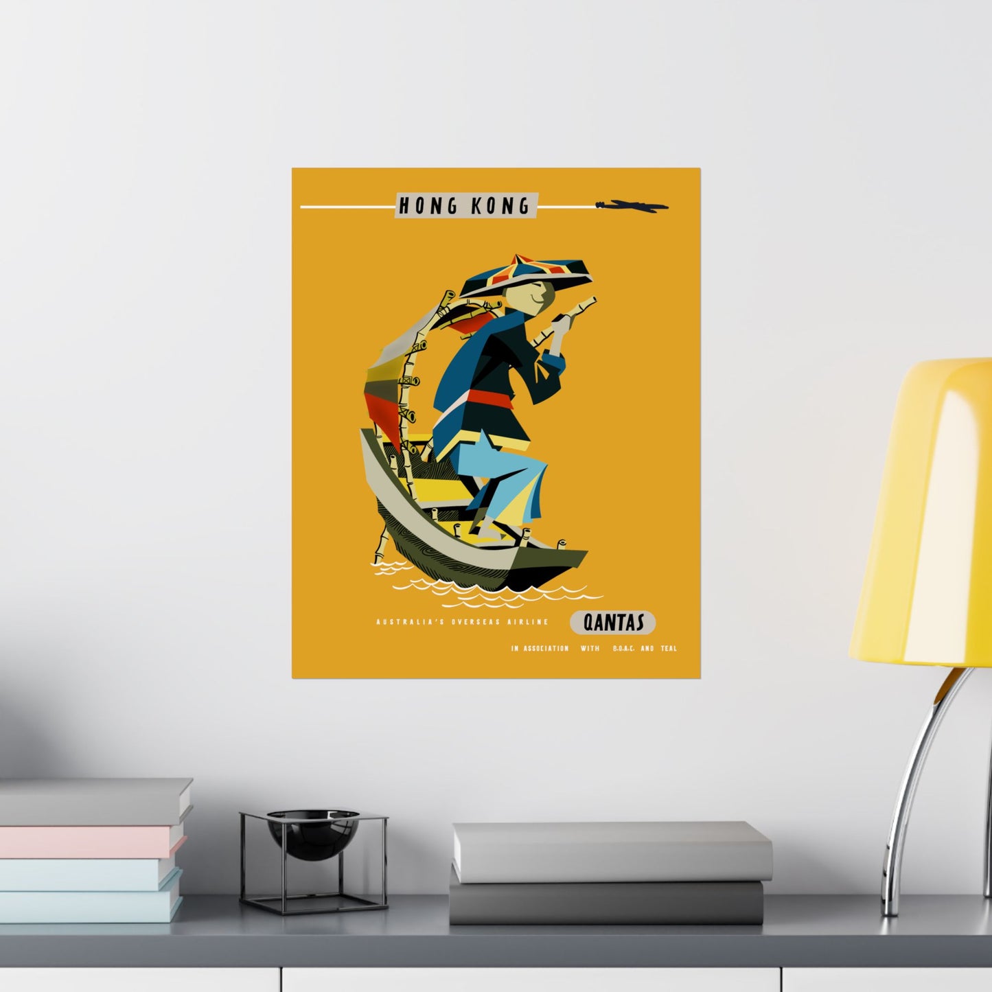 Vintage Qantas Airline Hong Kong Travel Destination Satin Poster