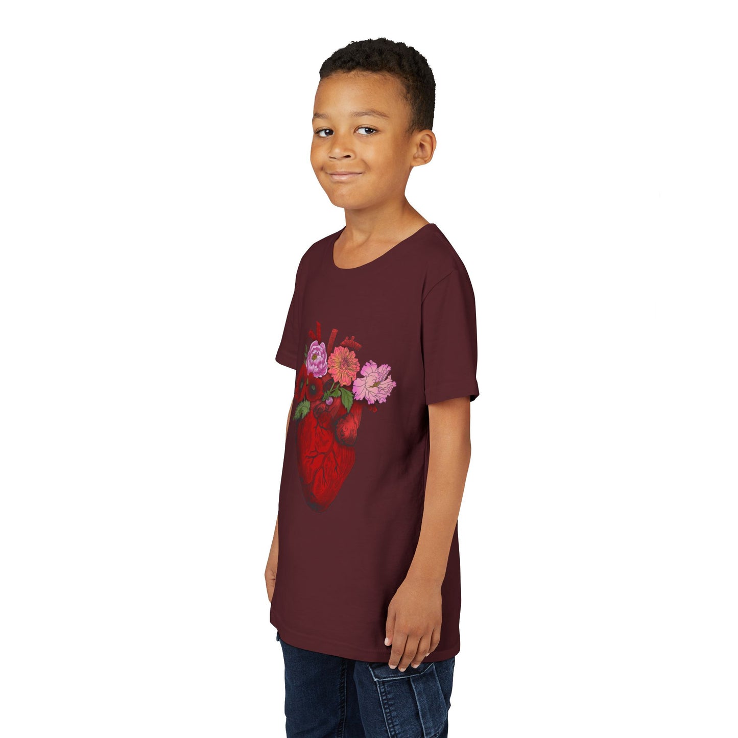 Floral Heart Youth Tee — Floral Anatomical Heart Graphic Kids T-Shirt