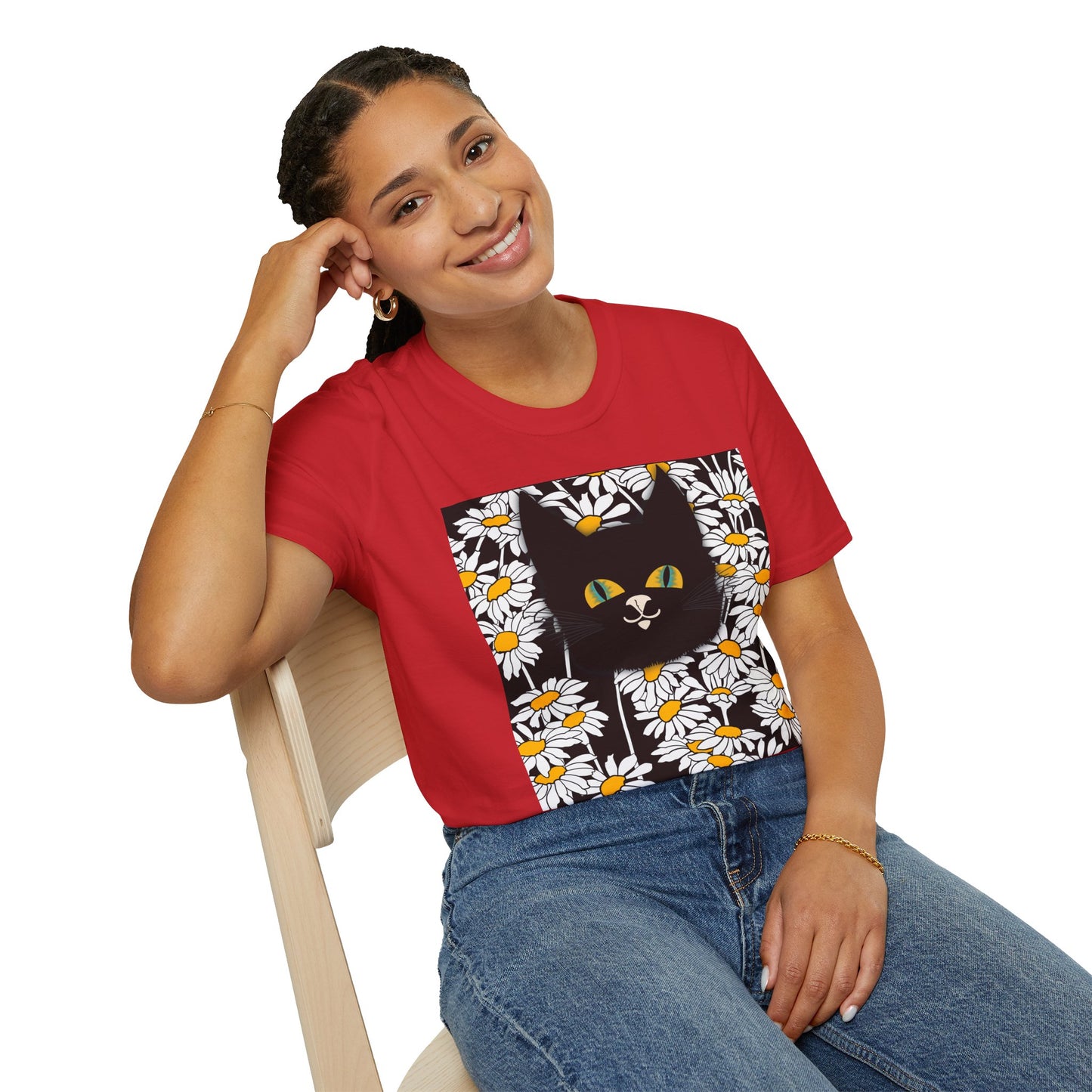 Black Cat Daisy T‑Shirt — Cute Floral Cat Graphic Tee