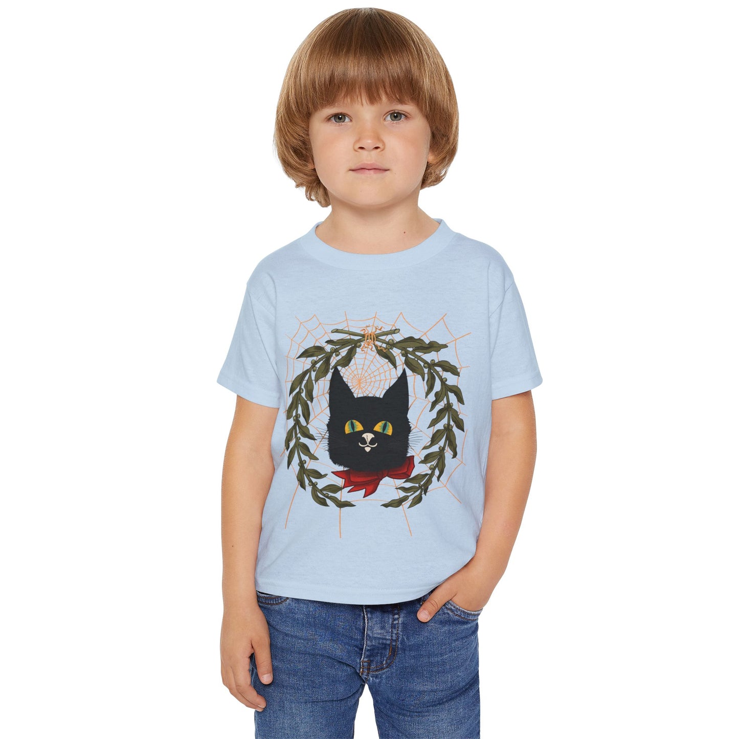 Toddler T‑Shirt — Black Cat Wreath with Web Tee (Cute Halloween)