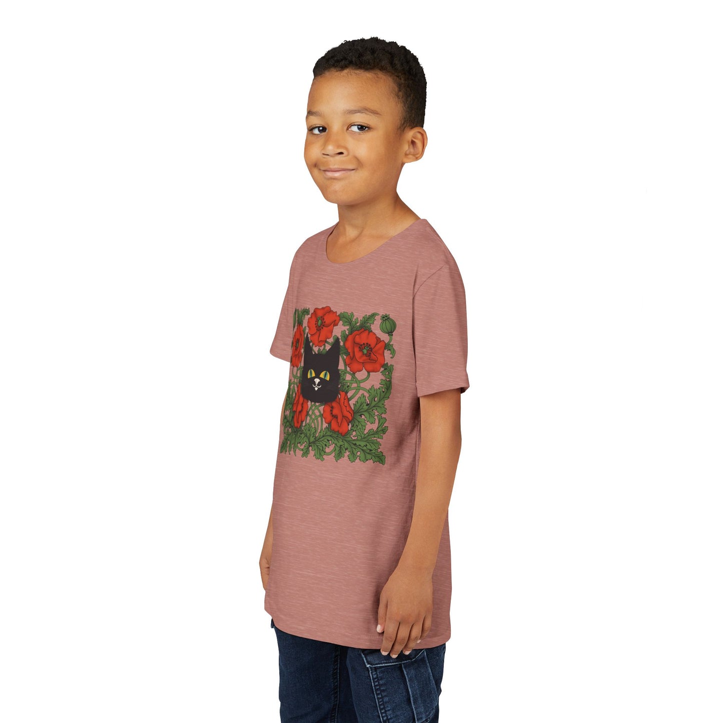 Black Cat Poppies Floral Youth Tee — Black Cat with Red Poppies Kids Shirt