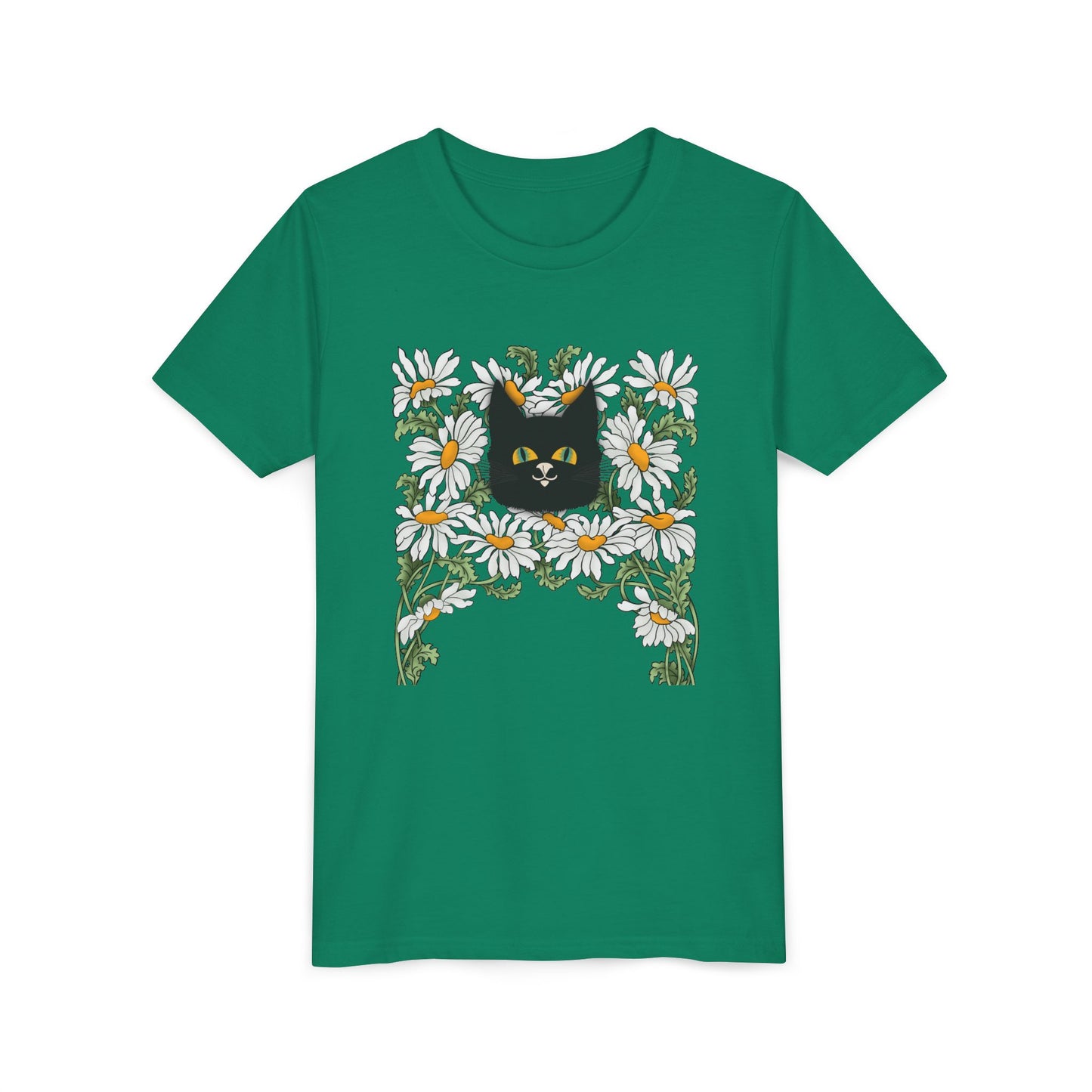 Daisies floral Youth Tee — Black Cat in Daisy Wreath Graphic