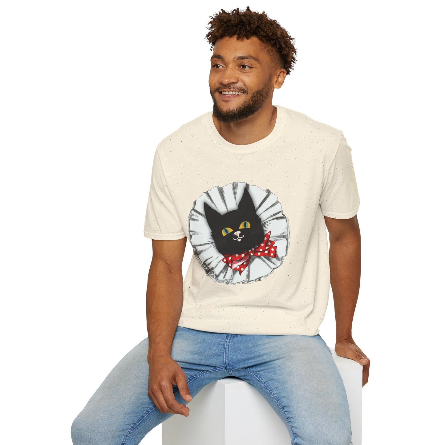 Black Cat Clown Portrait T‑Shirt — Cute Cat Face with Red Bow Graphic Tee