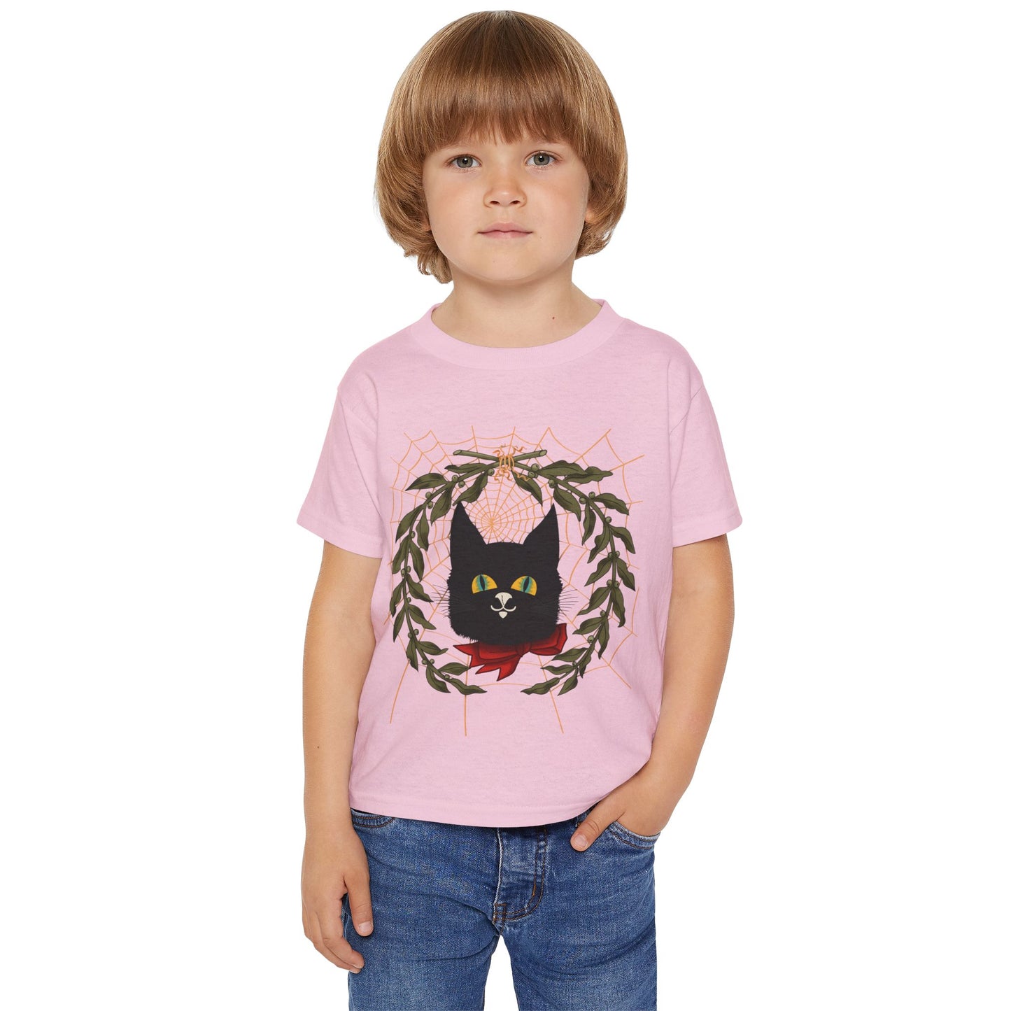 Toddler T‑Shirt — Black Cat Wreath with Web Tee (Cute Halloween)
