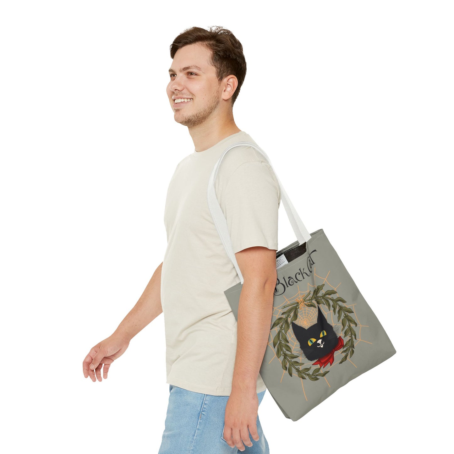 The Black Cat Web Tote Bag — Vintage Witchy Cat Holiday Grocery Tote