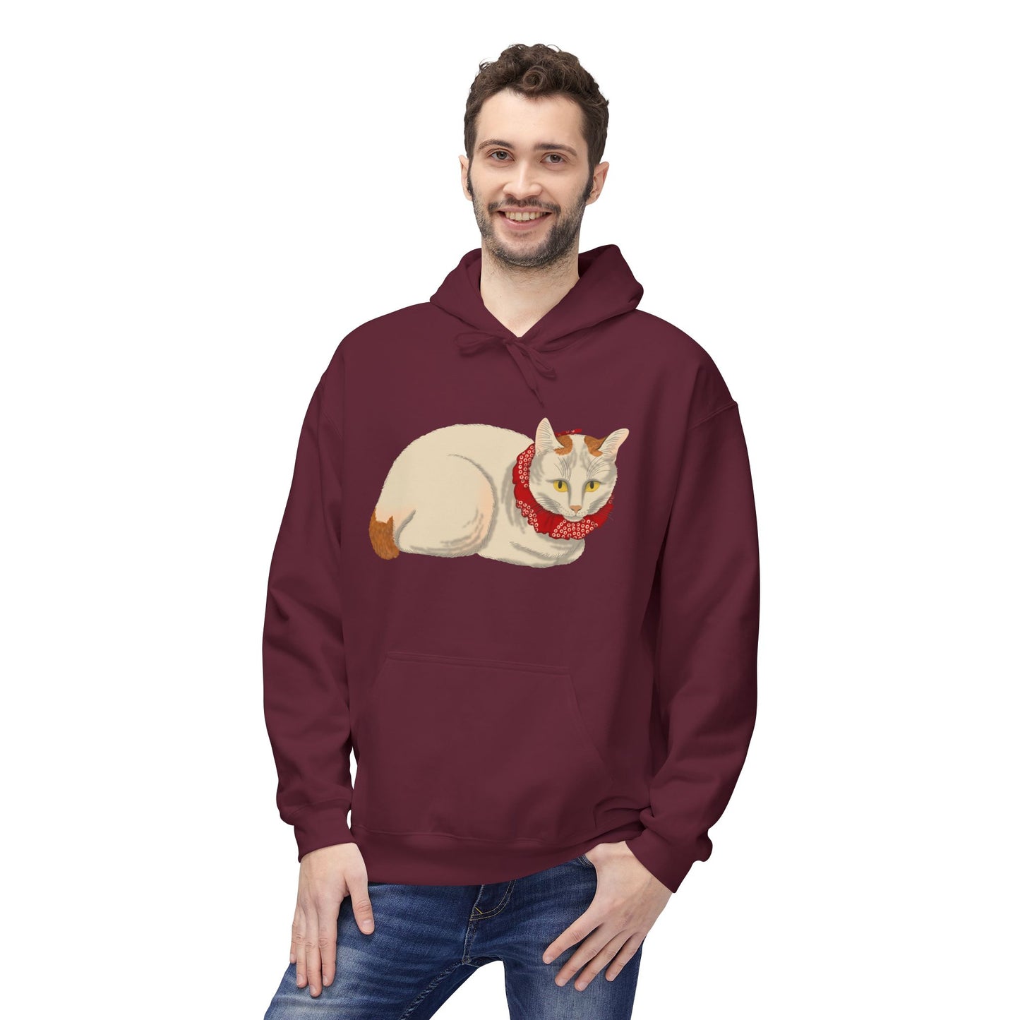 Cozy Red-Scarf Cat Hoodie — Cute Cream Cat Graphic Pullover