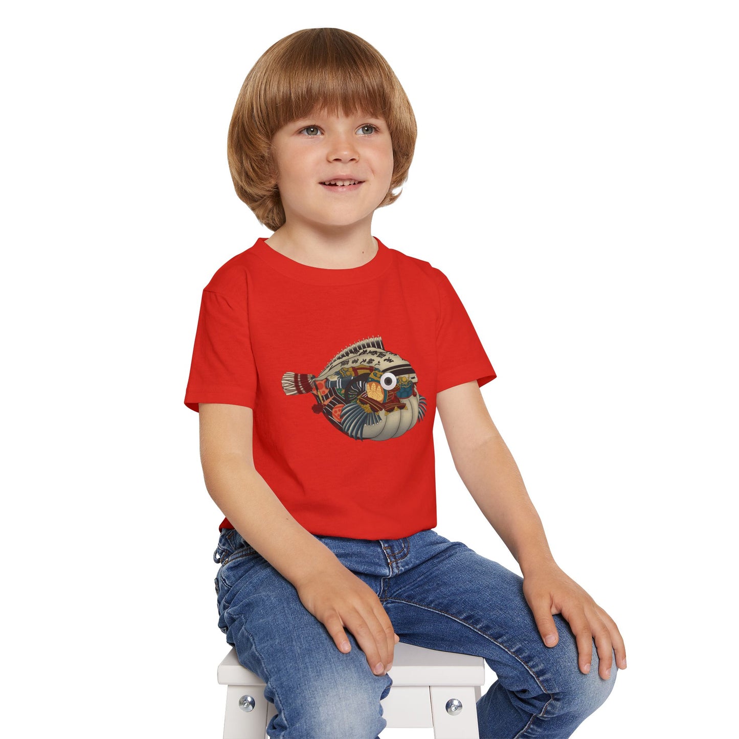 Japanese Puffer Fish Illustration Toddler T-Shirt with Colorful  — Cute Marine Animal Tee for Kids
