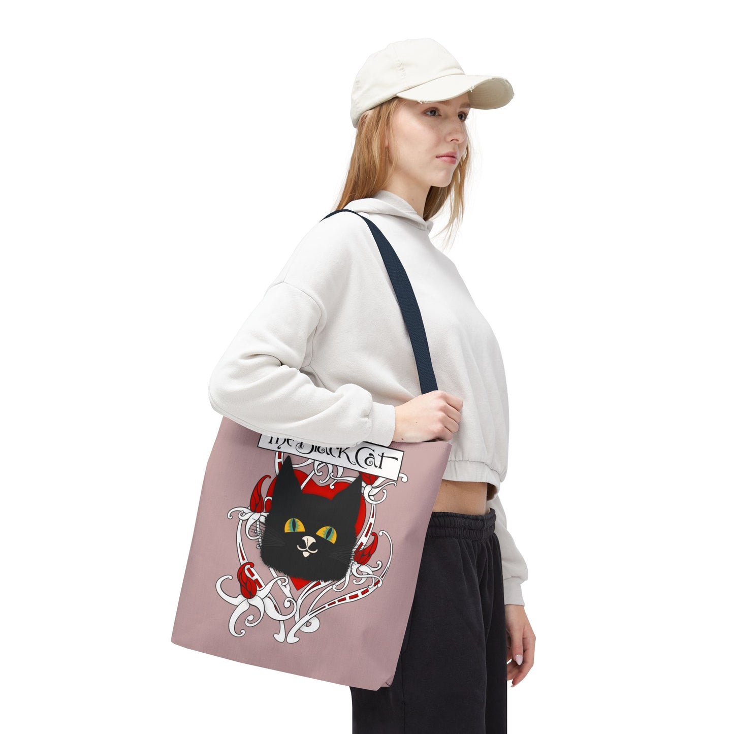 Black Cat Heart Tote Bag — 'The Black Cat' Gothic Vintage Cat Illustration Beach & Market Bag