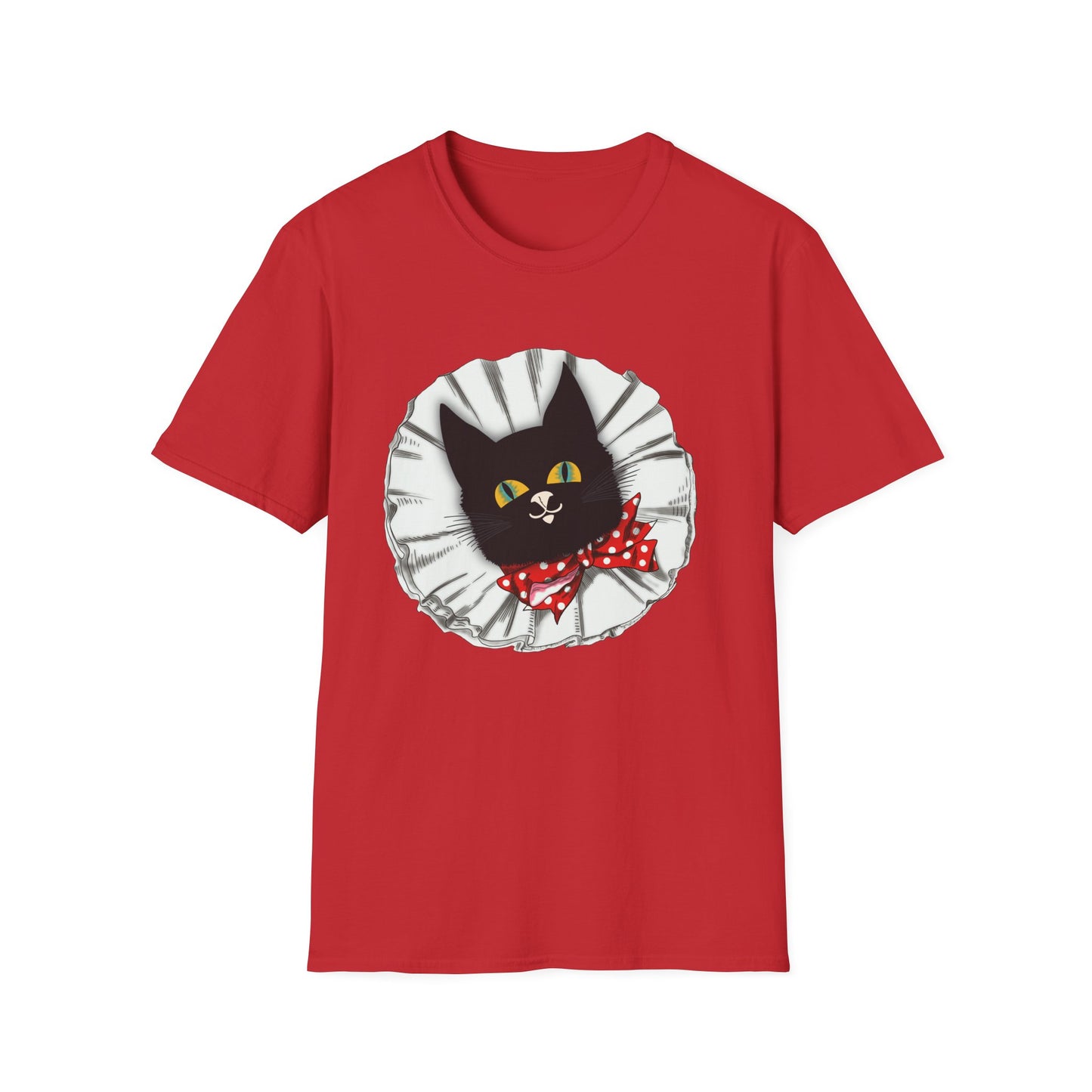 Black Cat Clown Portrait T‑Shirt — Cute Cat Face with Red Bow Graphic Tee
