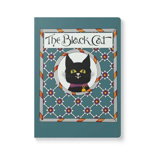 The Black Cat Teal Softcover Journal — Art Nouveau Cat Notebook with Patterned Cover