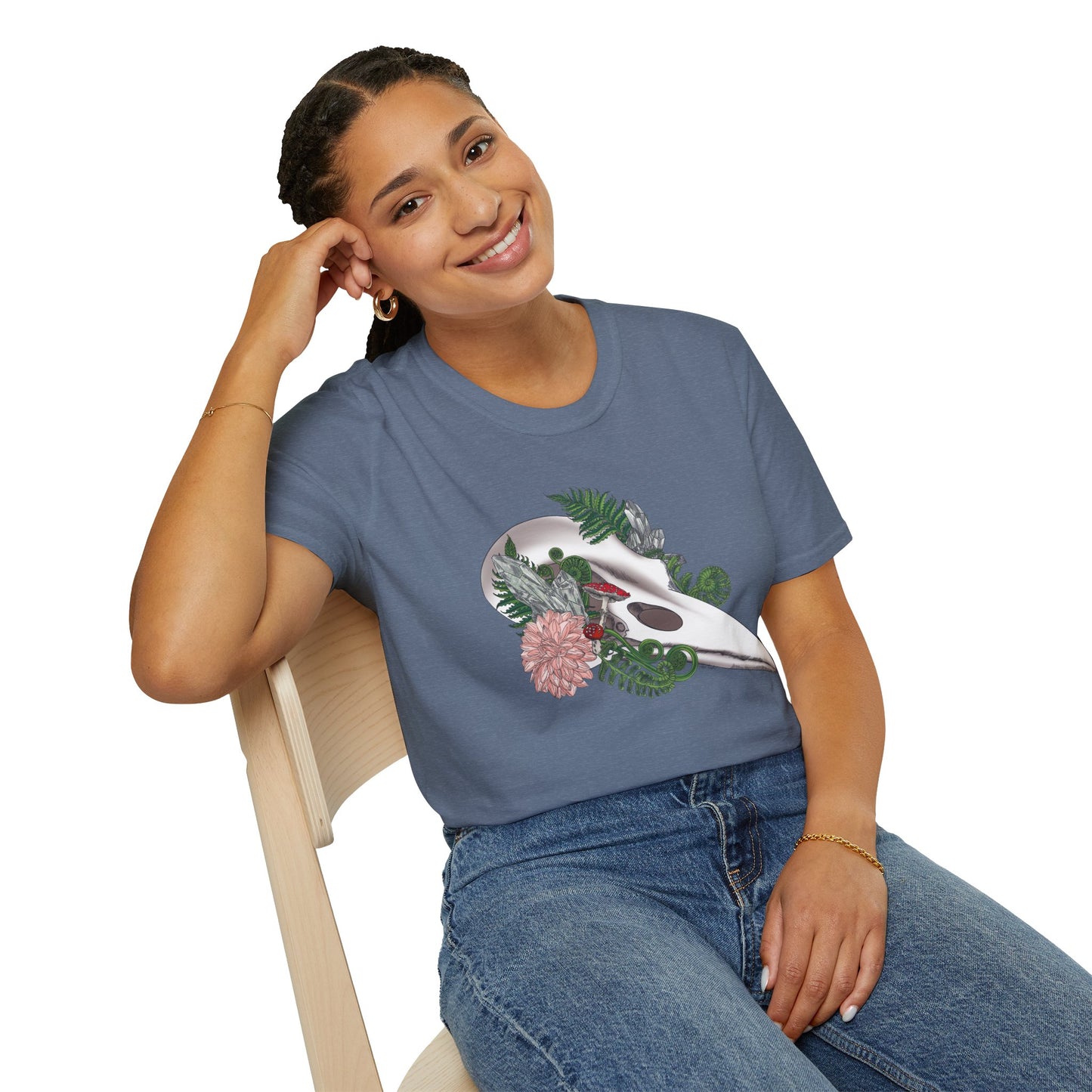 Bohemian Skull Floral T-Shirt, Unisex Softstyle Tee, Casual Wear, Nature Lover Gift, Unique Graphic Tee, Eco-Friendly Shirt