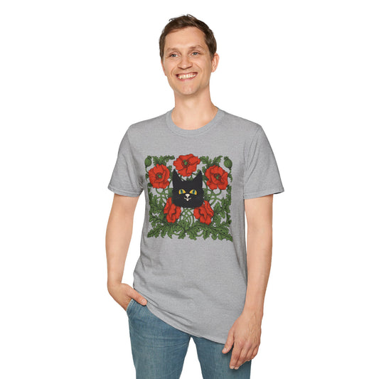 Black Cat & Red Poppies T-Shirt