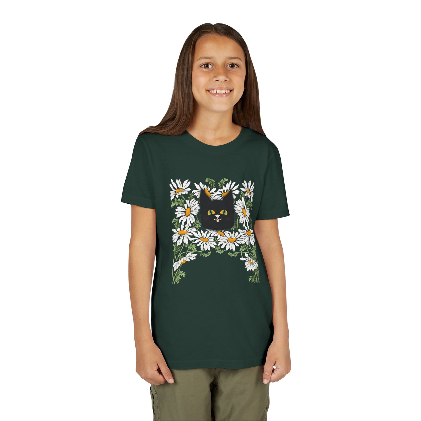 Daisies floral Youth Tee — Black Cat in Daisy Wreath Graphic