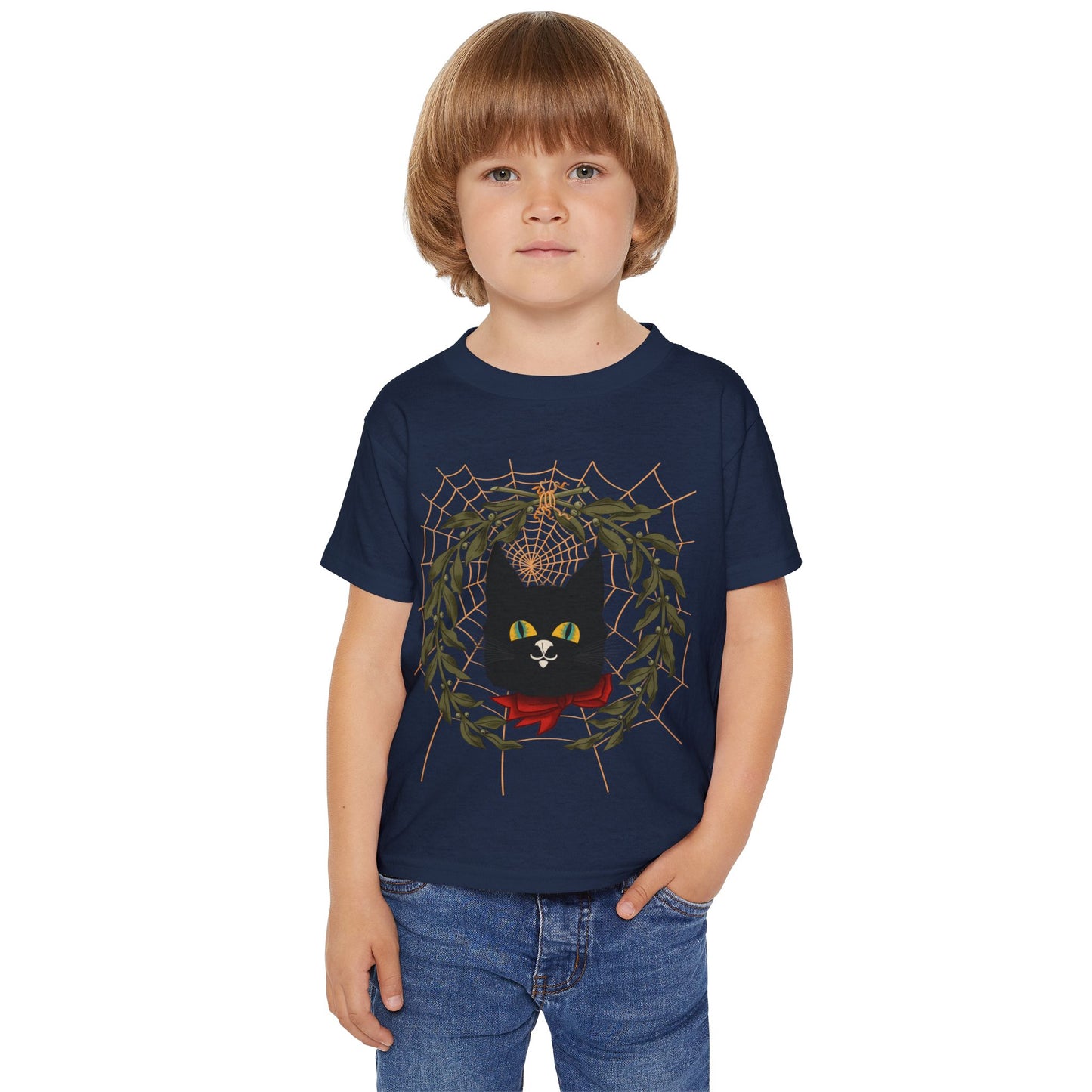 Toddler T‑Shirt — Black Cat Wreath with Web Tee (Cute Halloween)
