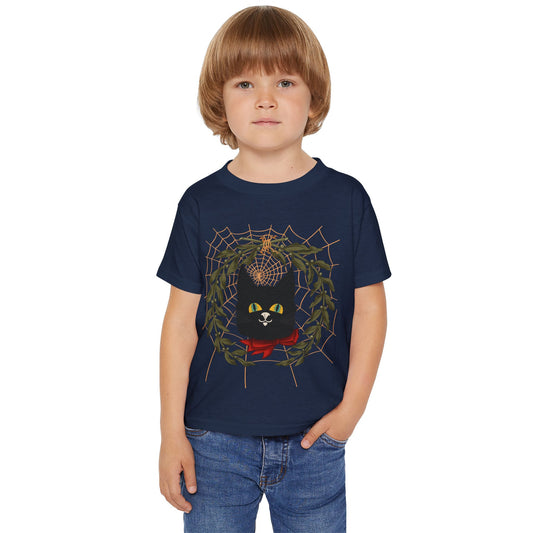 Toddler T‑Shirt — Black Cat Wreath with Web Tee (Cute Halloween)