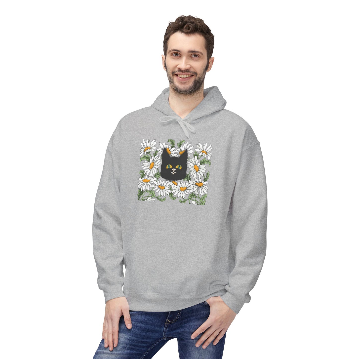 Black Cat in Daisies Hoodie – Floral Cat Graphic Pullover
