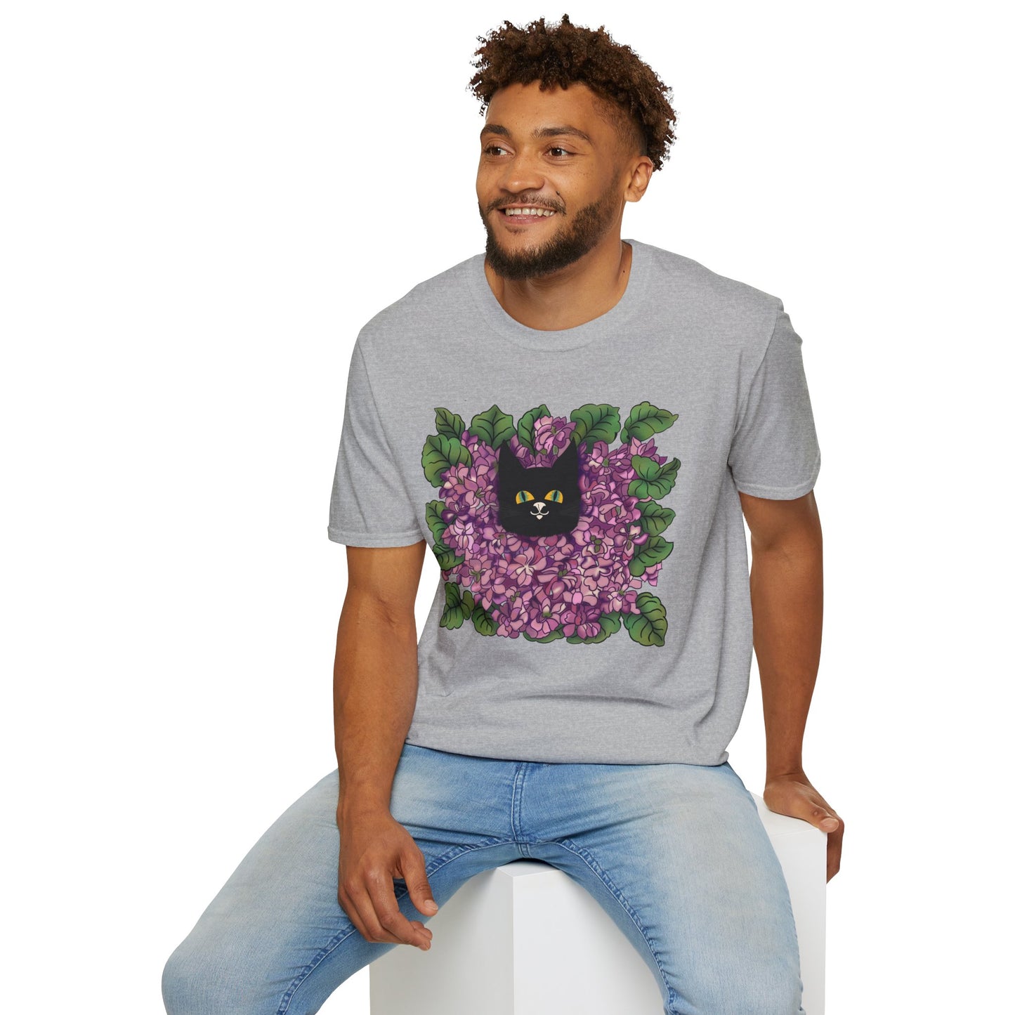 Lilac Cat T-Shirt — Black Cat Nestled in Lilac Flowers