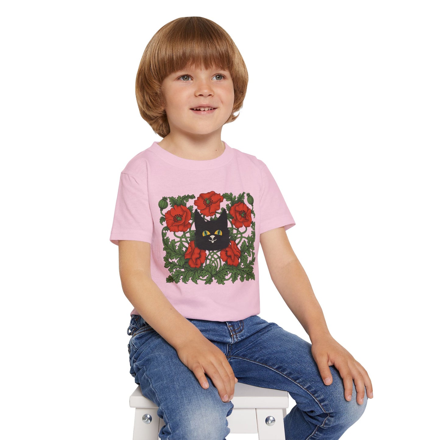 Poppies Black Cat Toddler T-Shirt — Black Cat in Poppy Garden (Cute Floral Kids Tee)
