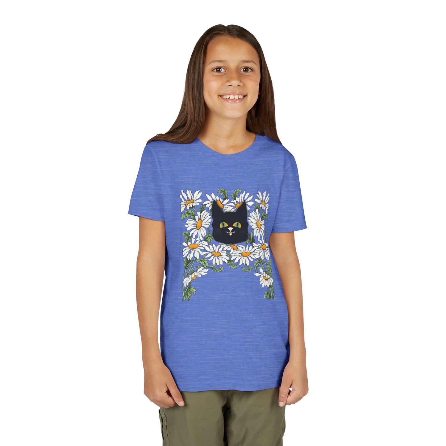 Daisies floral Youth Tee — Black Cat in Daisy Wreath Graphic