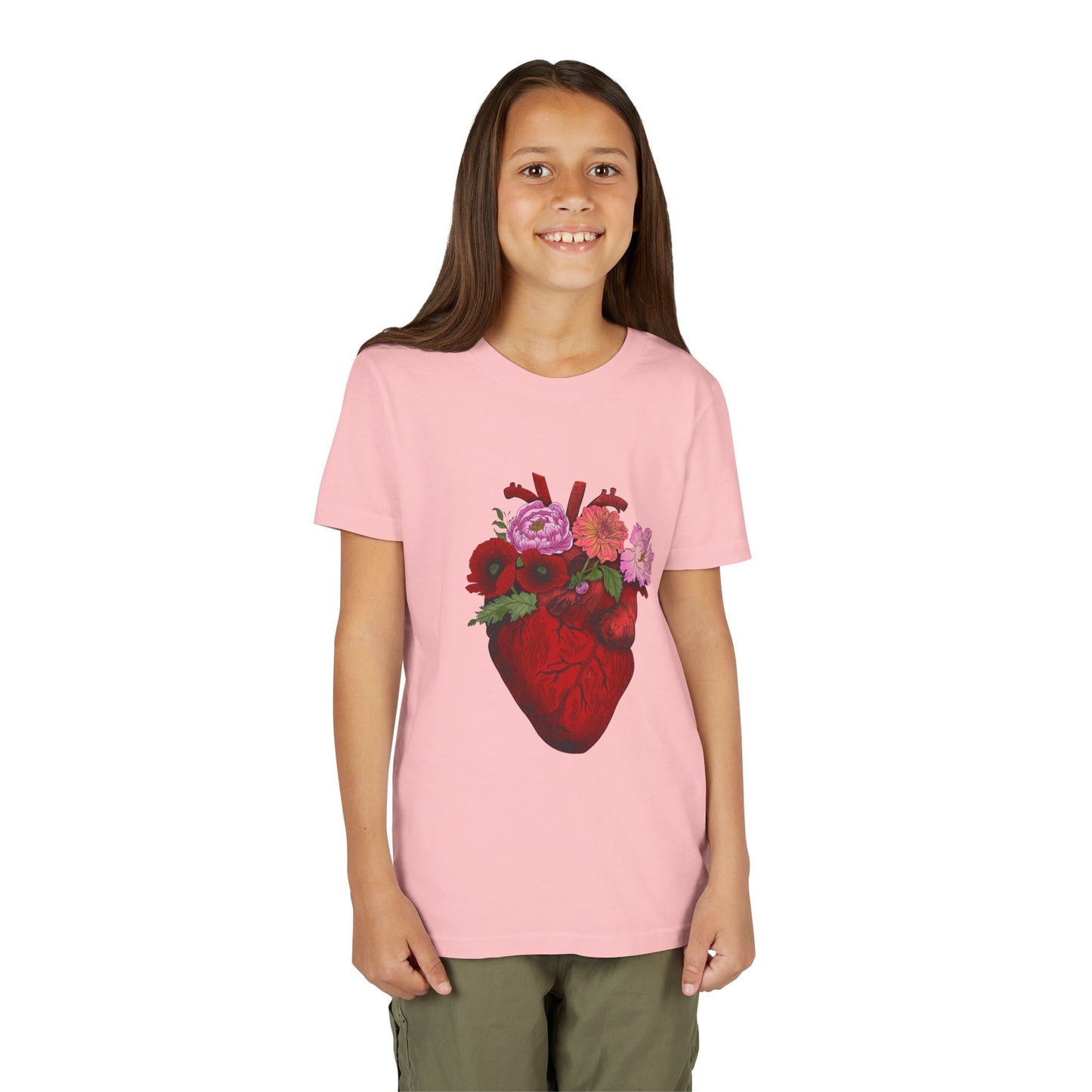 Floral Heart Youth Tee — Floral Anatomical Heart Graphic Kids T-Shirt