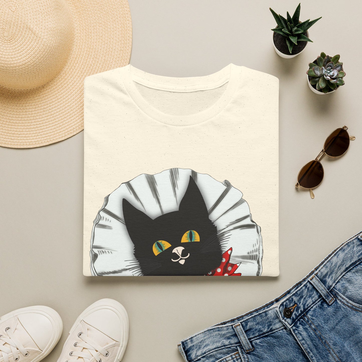 Black Cat Clown Portrait T‑Shirt — Cute Cat Face with Red Bow Graphic Tee