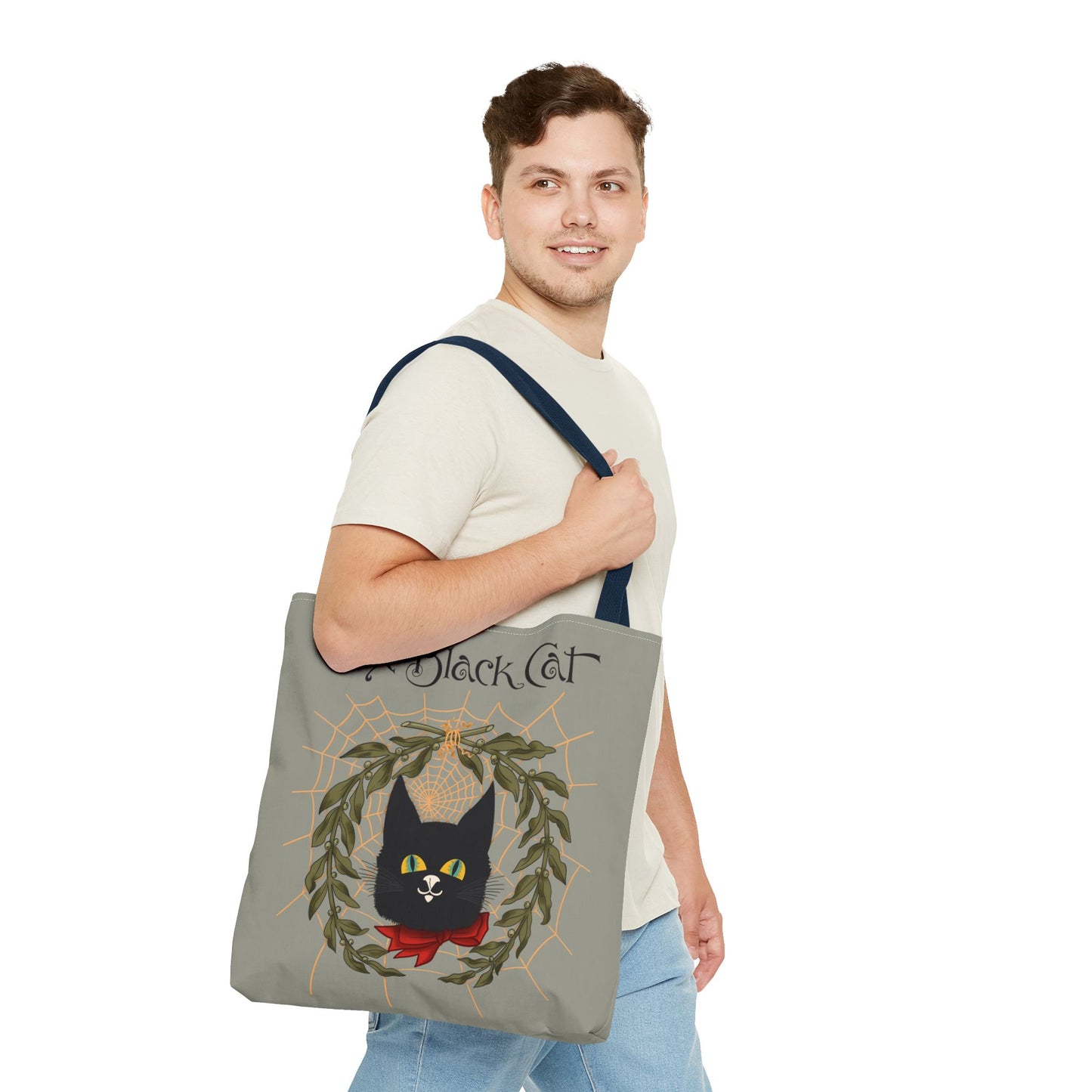 The Black Cat Web Tote Bag — Vintage Witchy Cat Holiday Grocery Tote