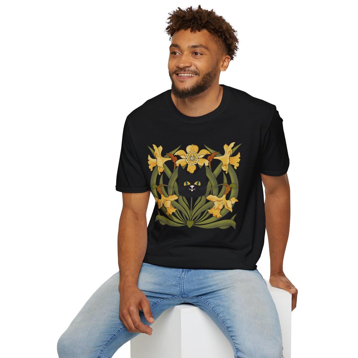 Daffodil Black Cat T‑Shirt — Retro Floral Cat Tee