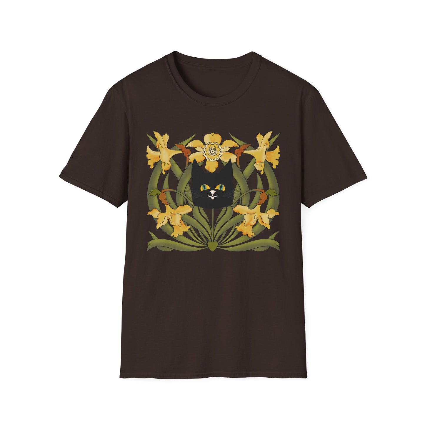 Daffodil Black Cat T‑Shirt — Retro Floral Cat Tee