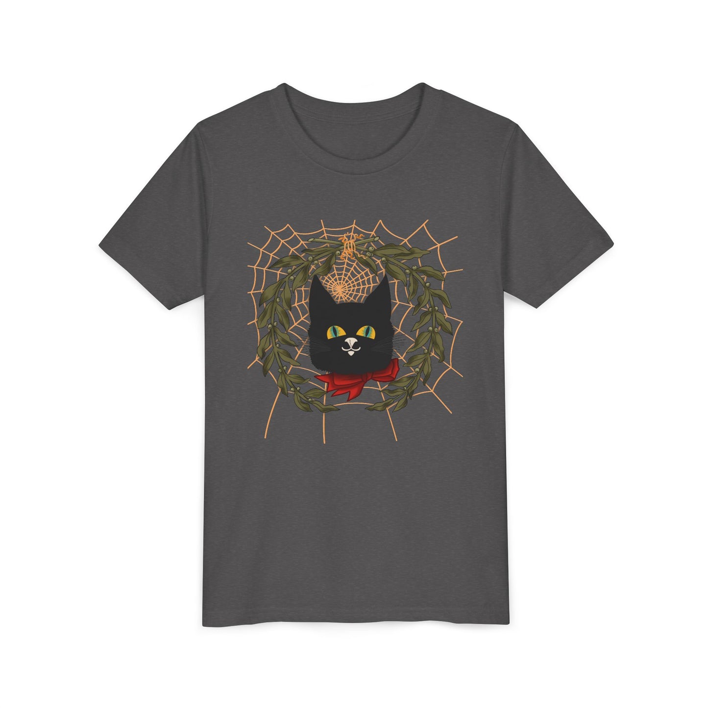 Youth Tee — Black Cat Wreath Holiday Shirt
