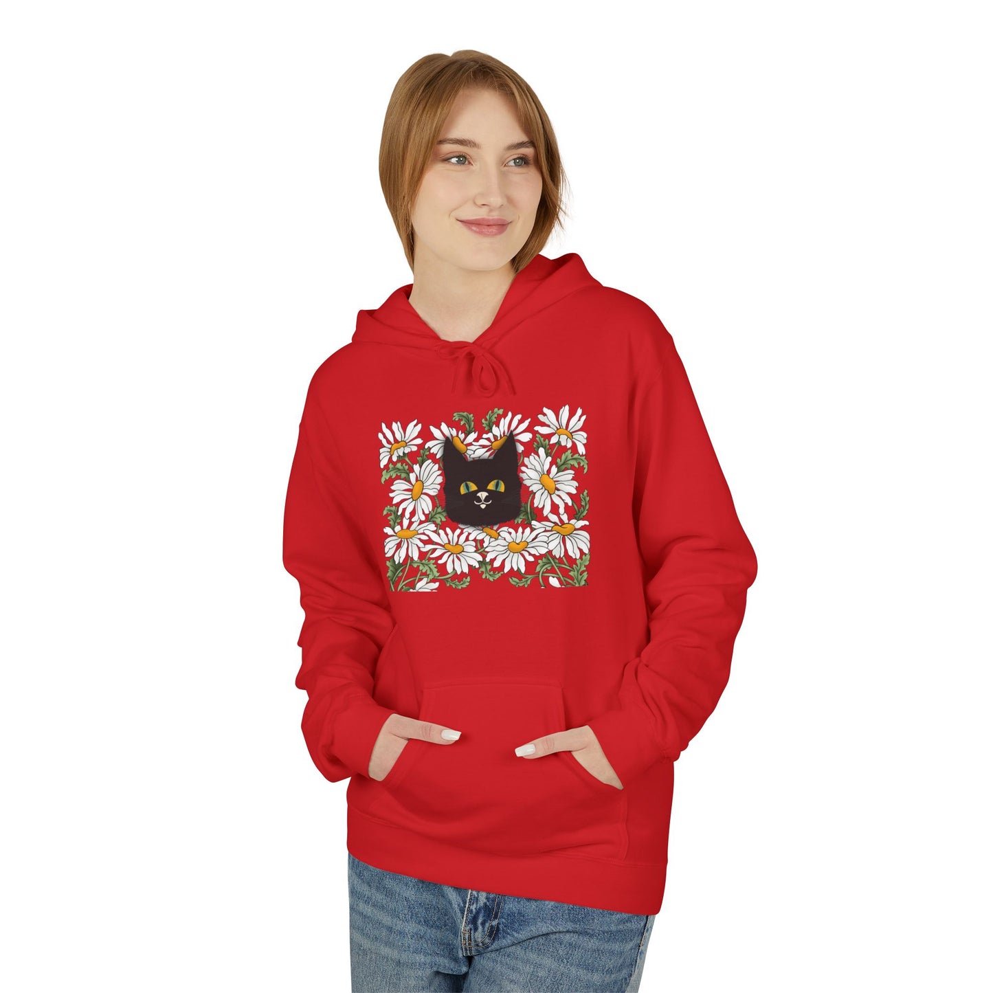 Black Cat in Daisies Hoodie – Floral Cat Graphic Pullover