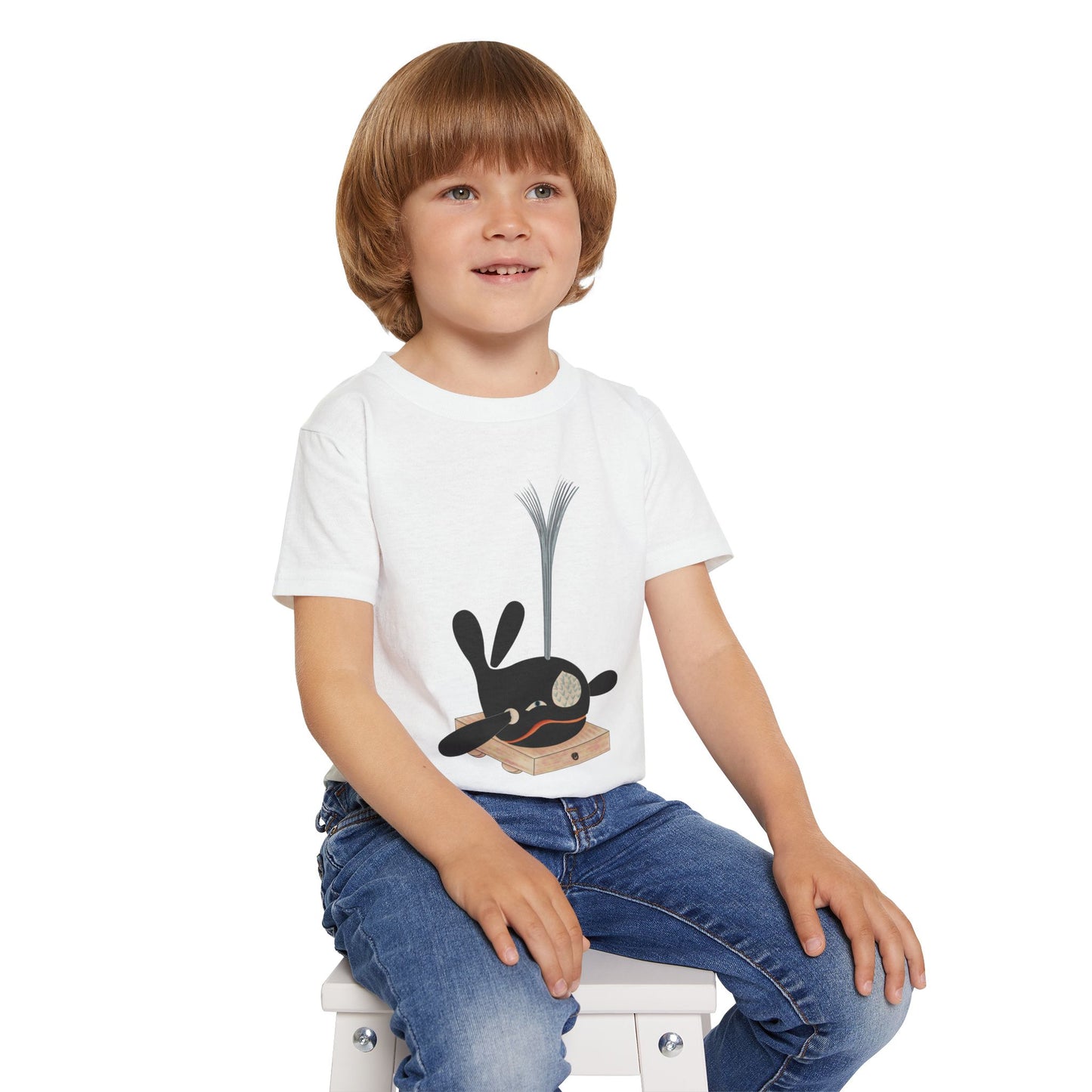 Vintage Japanese Toy Whale Kids T-Shirt — "Kujira no Shoufuki" Whale on Crate Toddler Tee
