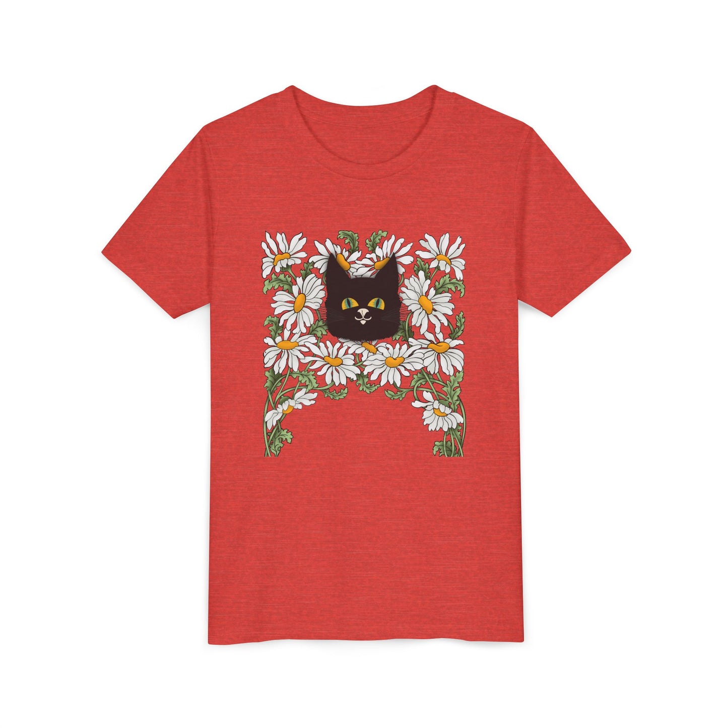Daisies floral Youth Tee — Black Cat in Daisy Wreath Graphic