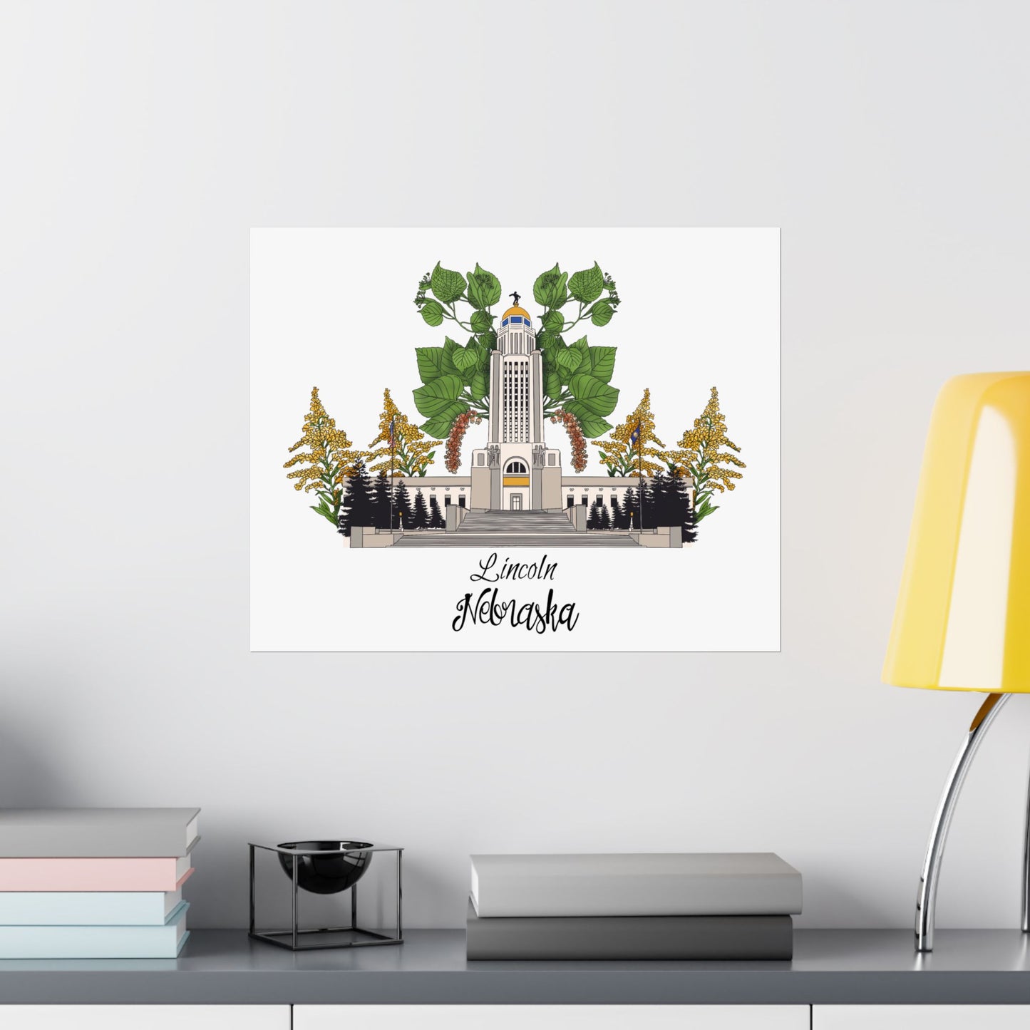 Lincoln Nebraska Satin Poster - 210gsm Art Print with Tower and Flora Design