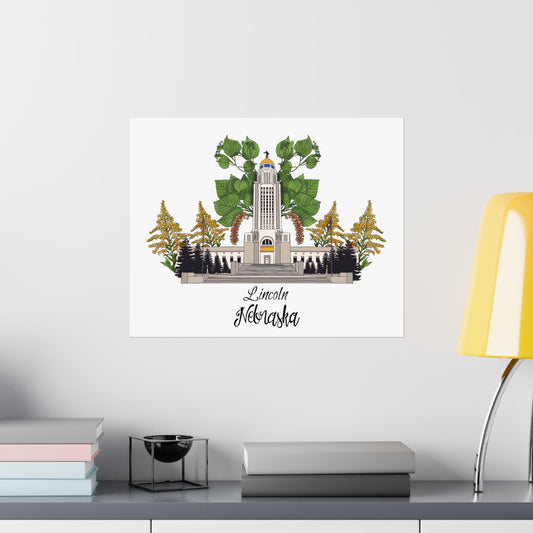 Lincoln Nebraska Satin Poster - 210gsm Art Print with Tower and Flora Design